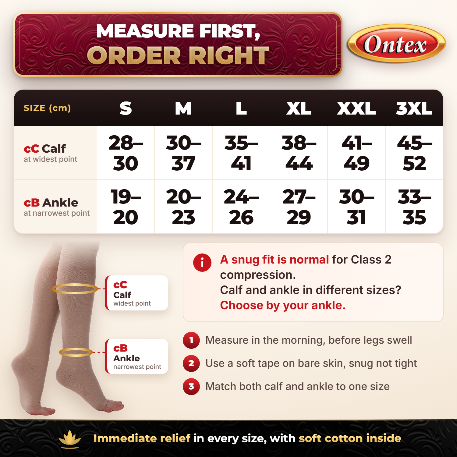 ONTEX knee-length size chart